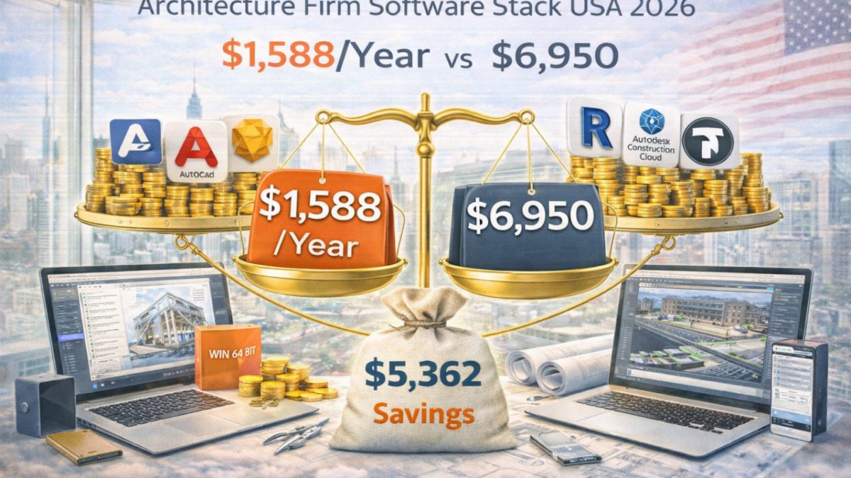 Architecture firm software stack USA pricing comparison 2026 showing $1,588 per year complete BIM setup versus $6,950 alternative stack with significant annual savings highlighted visually.