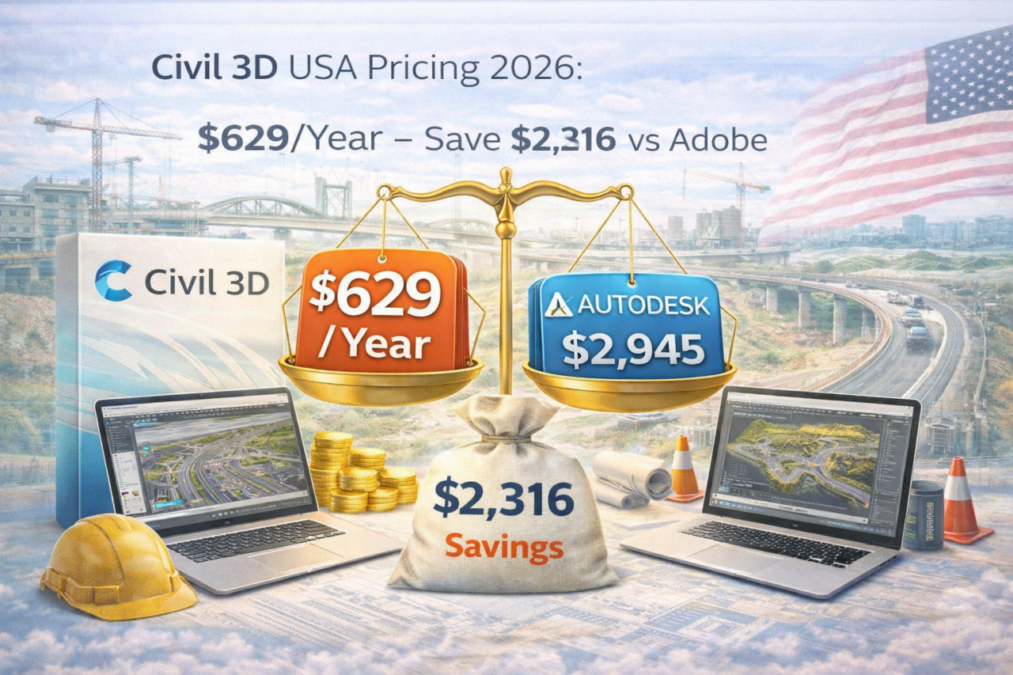 Autodesk Civil 3D USA pricing comparison 2026 showing $629 per year commercial license versus $2,945 Autodesk pricing with $2,316 annual savings highlighted on balance scale.