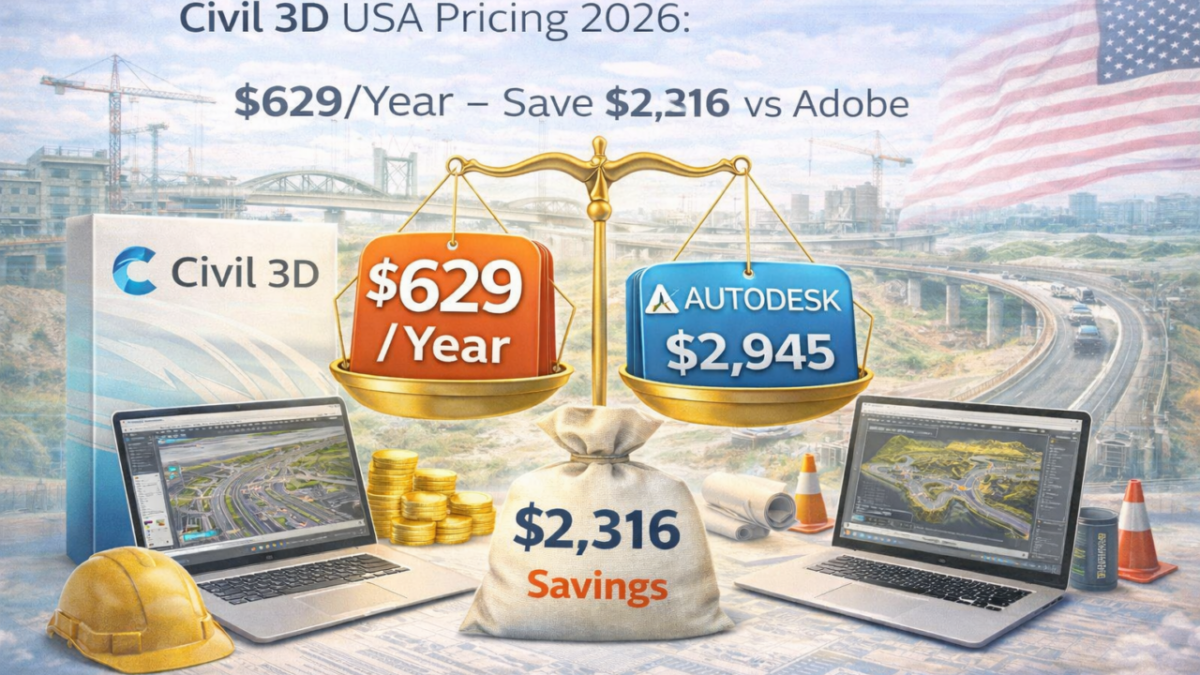 Autodesk Civil 3D USA pricing comparison 2026 showing $629 per year commercial license versus $2,945 Autodesk pricing with $2,316 annual savings highlighted on balance scale.