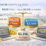 Autodesk Civil 3D USA pricing comparison 2026 showing $629 per year commercial license versus $2,945 Autodesk pricing with $2,316 annual savings highlighted on balance scale.