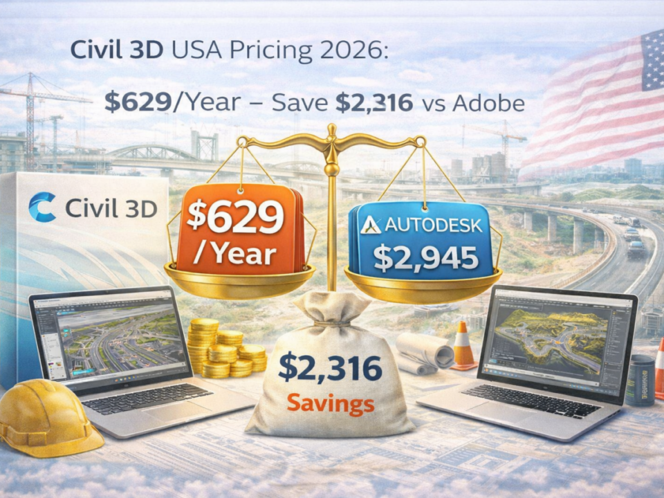 Autodesk Civil 3D USA pricing comparison 2026 showing $629 per year commercial license versus $2,945 Autodesk pricing with $2,316 annual savings highlighted on balance scale.