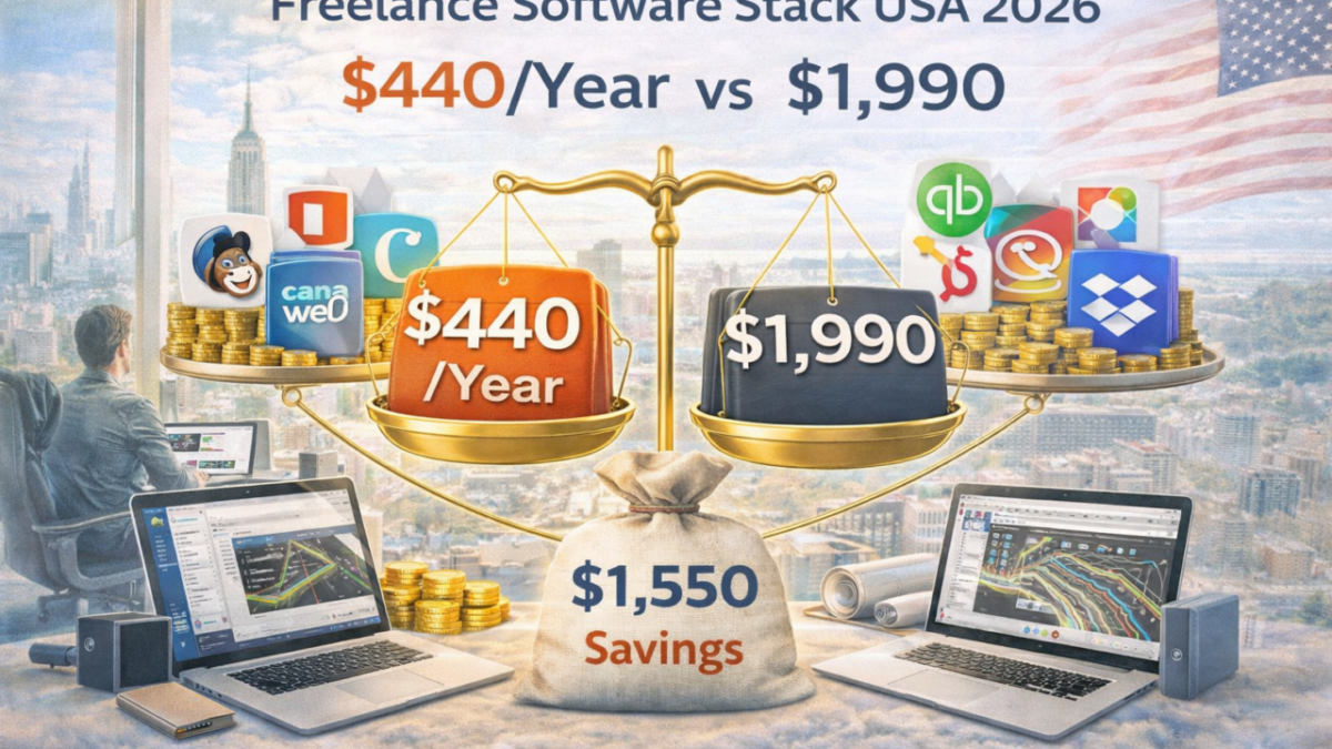 Freelance software stack USA pricing comparison 2026 showing $440 per year setup versus $1,990 alternative stack with $1,550 annual savings highlighted on balance scale.