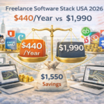 Freelance software stack USA pricing comparison 2026 showing $440 per year setup versus $1,990 alternative stack with $1,550 annual savings highlighted on balance scale.