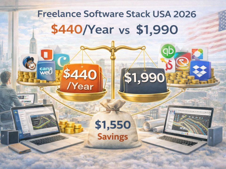 Freelance software stack USA pricing comparison 2026 showing $440 per year setup versus $1,990 alternative stack with $1,550 annual savings highlighted on balance scale.
