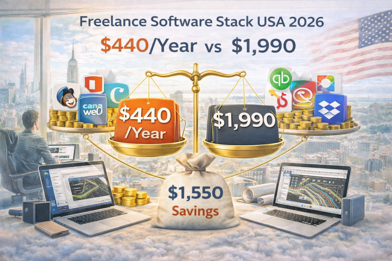 Freelance software stack USA pricing comparison 2026 showing $440 per year setup versus $1,990 alternative stack with $1,550 annual savings highlighted on balance scale.