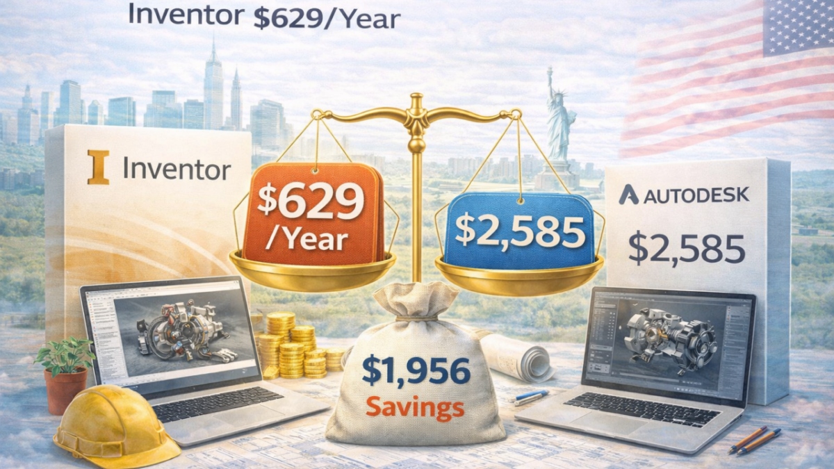 Autodesk Inventor USA pricing comparison 2026 showing $629 per year commercial license versus $2,585 Autodesk pricing with $1,956 annual savings highlighted on balance scale.