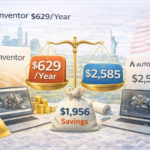 Autodesk Inventor USA pricing comparison 2026 showing $629 per year commercial license versus $2,585 Autodesk pricing with $1,956 annual savings highlighted on balance scale.