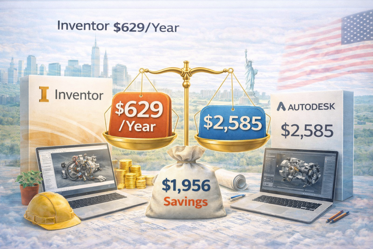 Autodesk Inventor USA pricing comparison 2026 showing $629 per year commercial license versus $2,585 Autodesk pricing with $1,956 annual savings highlighted on balance scale.