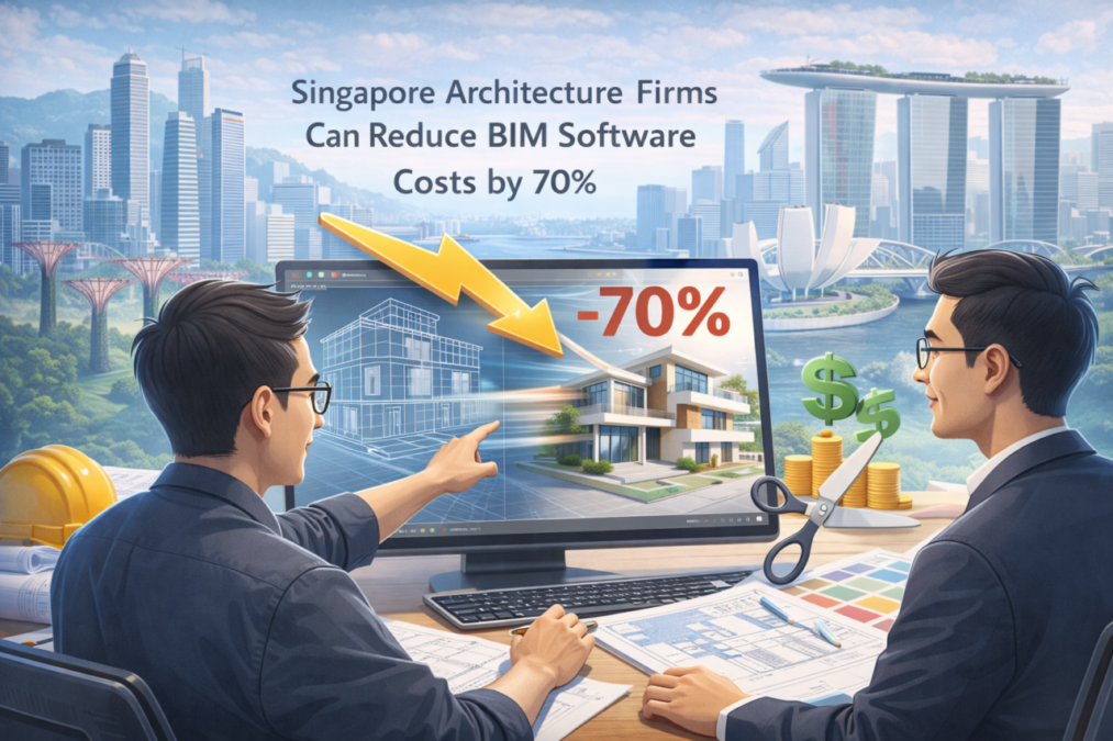 Architectural workspace with professionals reviewing a BIM model on screen, modern Singapore skyline in the background, concept of cost optimization and efficient design workflow in a semi-cartoon digital style