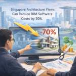 Architectural workspace with professionals reviewing a BIM model on screen, modern Singapore skyline in the background, concept of cost optimization and efficient design workflow in a semi-cartoon digital style