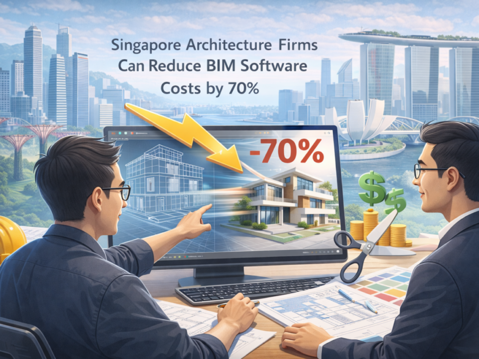 Architectural workspace with professionals reviewing a BIM model on screen, modern Singapore skyline in the background, concept of cost optimization and efficient design workflow in a semi-cartoon digital style