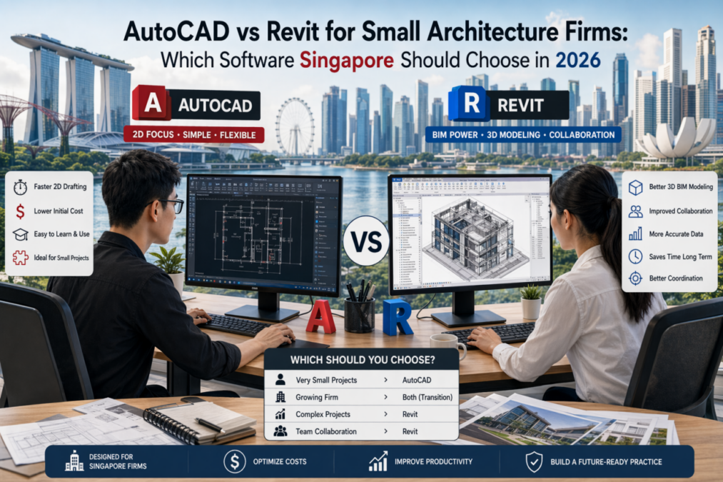Side-by-side comparison of AutoCAD and Revit on dual monitors with architects working in a modern office, Singapore skyline in the background, highlighting differences between 2D drafting and BIM 3D modeling in a detailed infographic style