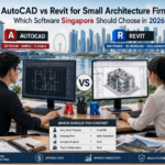 Side-by-side comparison of AutoCAD and Revit on dual monitors with architects working in a modern office, Singapore skyline in the background, highlighting differences between 2D drafting and BIM 3D modeling in a detailed infographic style