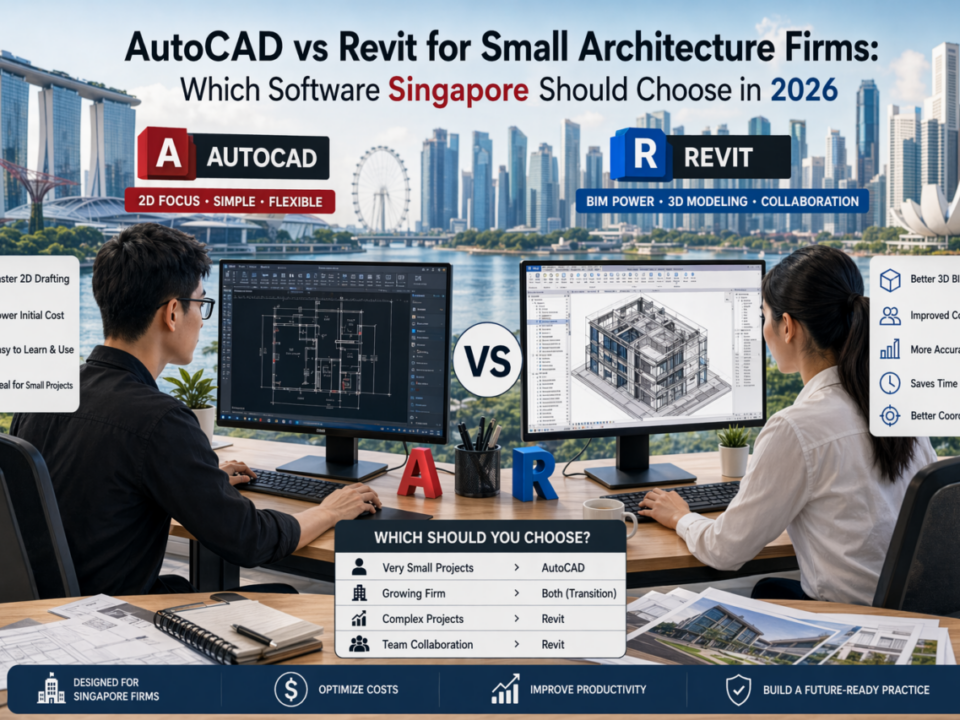 Side-by-side comparison of AutoCAD and Revit on dual monitors with architects working in a modern office, Singapore skyline in the background, highlighting differences between 2D drafting and BIM 3D modeling in a detailed infographic style